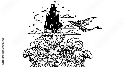 Fantasy castle on a floating island with a dragon and crescent moon