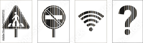 Four stylized signs pedestrian crossing no entry wi-fi symbol and question mark icons silhouette