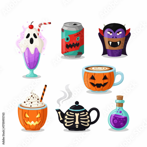 Spooky Halloween beverages and treats, including a ghost milkshake, zombie soda, vampire cupcake, and pumpkin-themed hot drinks, create a playfully eerie festive scene.