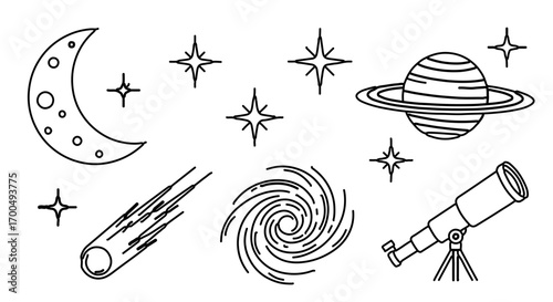 Celestial objects are illustrated in a simple black and white line drawing