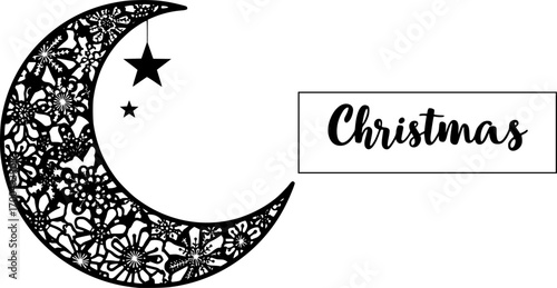 Laser cutting template. Christmas carved openwork moon. Graphic vector for wedding invitations, baby shower, birthday card, scrapbooking, New Year. Silhouette for wood carving. Die cut stencil. 