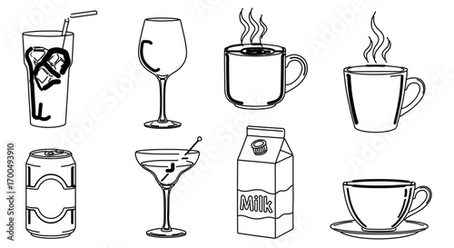 Collection of various beverages, handdrawn sketches of different drinks