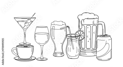 Collection of different beverages, handdrawn sketches of various drinks
