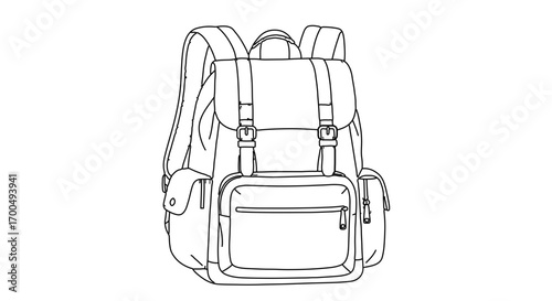 Detailed line art illustration of a backpack, showcasing its design and features