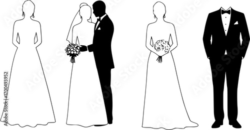 Set of cake toppers. Laser cut template of wedding card with bride and groom clothes. Table sign with silhouette of bridal dress, tuxedo. Vector Valentine day decoration. Paper cutout holiday outfit.