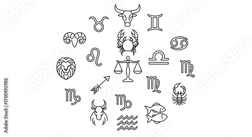Zodiac signs collection horoscope symbols in linear style astrology signs set