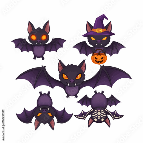 Five cute cartoon bats in various playful poses, some holding pumpkins, against a white background, evoking a fun Halloween spirit.