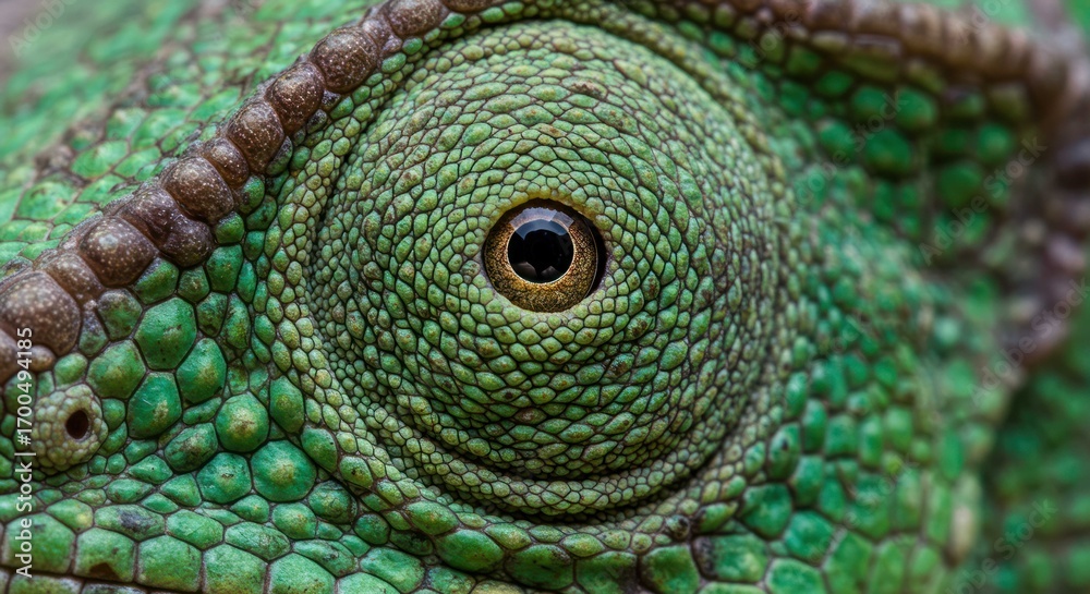 Obraz premium Close-up on a green chameleon eye and skin texture details