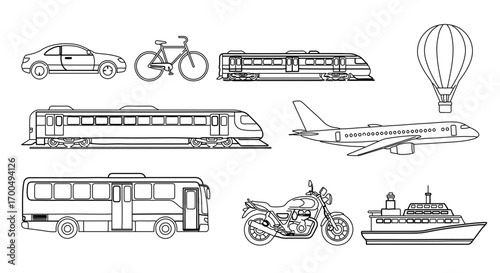 Set of transportation vehicles in line art style for coloring book