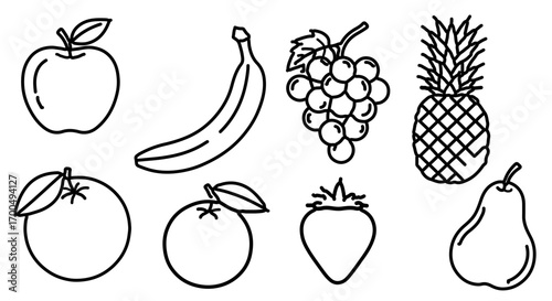 Fruit line art illustration apple, banana, grape, pineapple, and strawberry