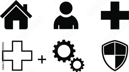 Collection of gaming icons including d-pad plus shield and health symbols silhouette