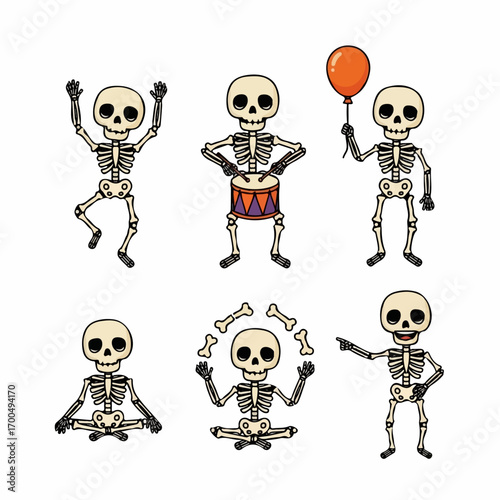 Six playful skeletons perform various actions against a white background, conveying a fun and festive Halloween mood.