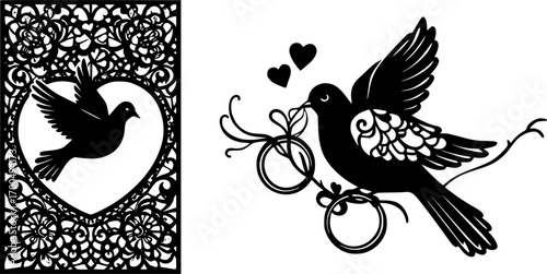 Laser cut template of two birds with wedding crossed rings. Silhouette marriage jewelry, couple of doves in love on lace heart. Vector invitation card. For wood carving, paper cut, stamp for die cut