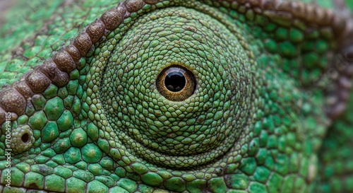 Close-up on a green chameleon eye and skin texture details