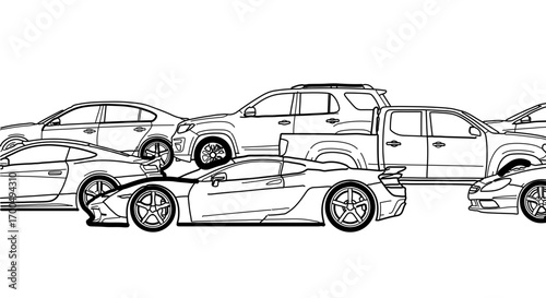 Outlines of various cars including a sports car, sedan, suv, and truck
