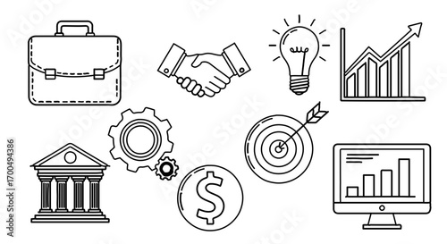 Business and finance icons, representing various aspects of the financial world
