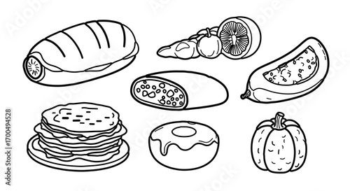 Illustration of various food items, perfect for culinary or nutrition themes