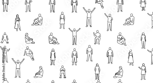 Seamless pattern of people in different poses hand drawn vector illustration