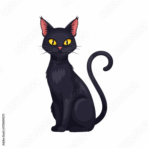 A sleek black cat sits with a curled tail, its bright yellow eyes gazing forward, creating a mysterious and slightly spooky Halloween vibe.