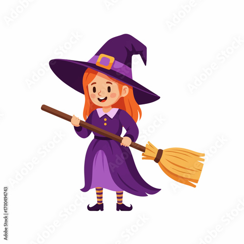A cheerful girl dressed as a witch playfully holds a broom, ready for a whimsical Halloween adventure.