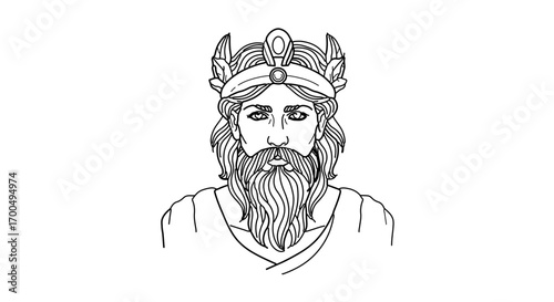 Portrait of poseidon, the greek god of the sea in detailed line art illustration