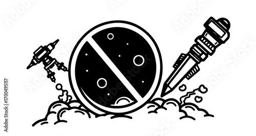Illustration of a futuristic space scene, featuring a planet and spaceships