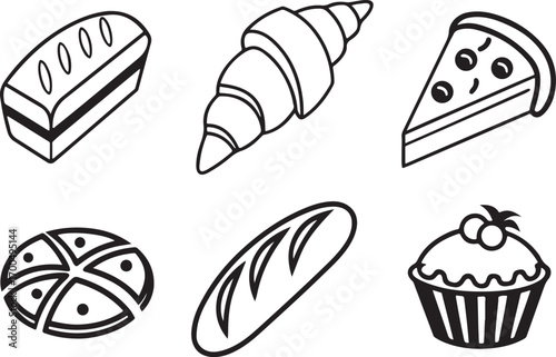 Bakery items cupcake, pizza, Braad hot dog vector illustration icons set. Food Life icon in flat outline and editable stroke line art