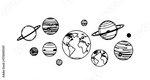Illustration of planets in space, featuring earth and other celestial bodies