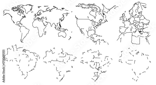 World map outline, showcasing continents and countries in a minimalist design