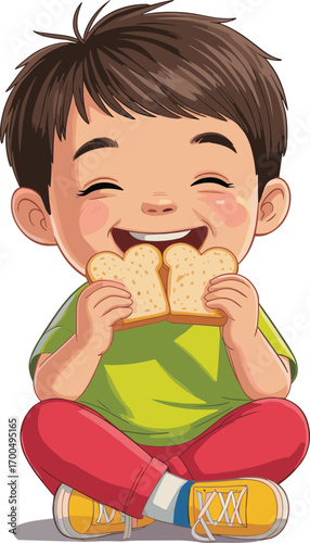 Happy little boy sitting cross-legged eating two slices of bread, joyful child enjoying snack, kid with healthy food, smiling kid