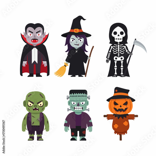 Six playful Halloween monster characters�vampire, witch, grim reaper, zombie, Frankenstein, and jack-o'-lantern scarecrow�stand against a white background.
