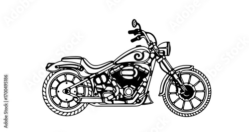 Illustration of a classic motorcycle, black and white drawing of a chopper