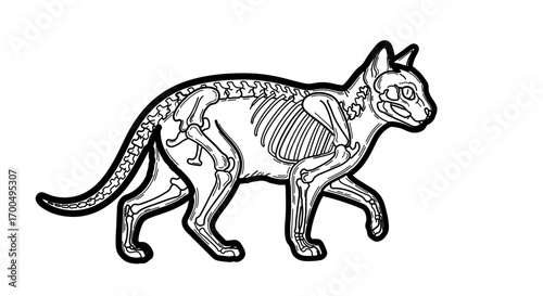 Illustration of a cat skeleton anatomical study of feline bone structure