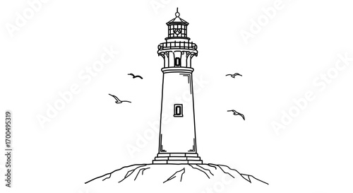 Lighthouse illustration, showcasing tower and birds in detailed line art