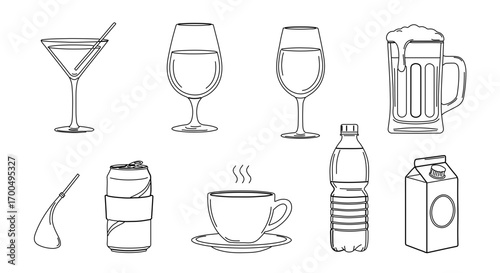 Collection of various drink illustrations beverages including alcohol and coffee
