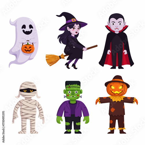 Six playful Halloween characters�a ghost, witch, vampire, mummy, Frankenstein, and scarecrow�pose against a white background, creating a whimsical and festive scene.