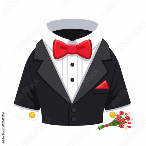 A tuxedo jacket with a red bow tie, crisp white shirt, and a small boutonniere rests elegantly against a white background, conveying a sense of sophisticated style.