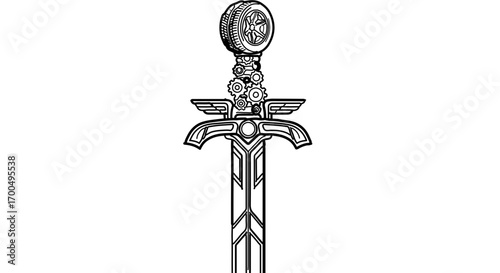 Illustration of a sword, a weapon with a long blade used for thrusting or striking