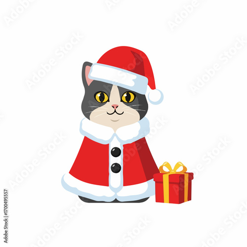 A cheerful tuxedo cat, wearing a Santa suit, poses beside a Christmas gift against a white background.