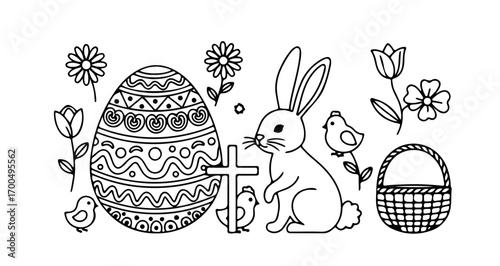 Illustration of easter symbols, including an egg, bunny, chick, flowers, and basket