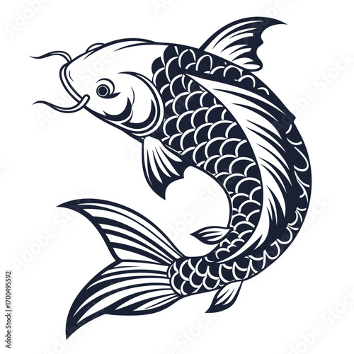 Stylized Black and White Koi Fish Illustration.