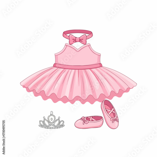 A pink tutu dress, ballet slippers, and tiara create a whimsical, fairytale-like ensemble for a little girl's special day.