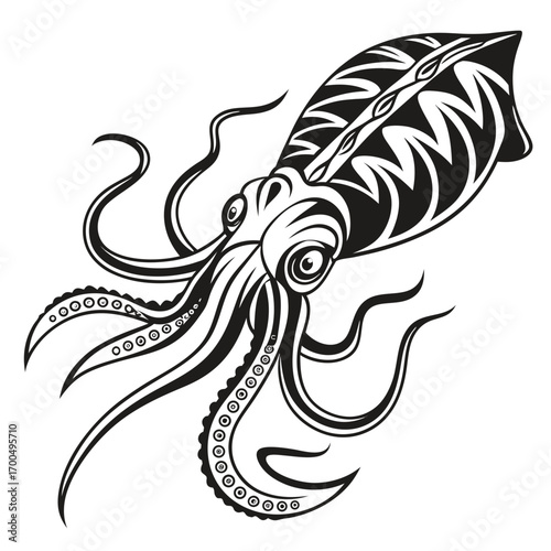 Stylized Black and White Squid Vector Illustration.
