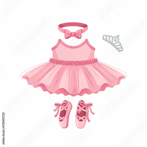 A charming pink tutu, ballet slippers, headband, and tiara lay against a white background, evoking dreams of a little ballerina.