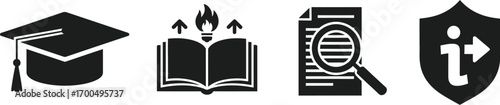 Academic knowledge security and information assurance icons set representing education security data protection silhouette