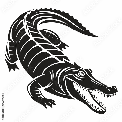 Stylized Black Crocodile Illustration with Open Mouth.