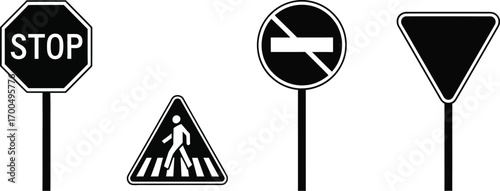 Collection of international road safety signs for traffic management and pedestrian crossings silhouette