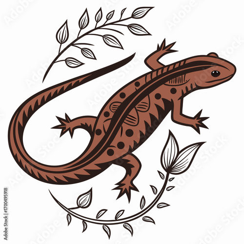 Stylized Brown Lizard with Botanical Elements Illustration.