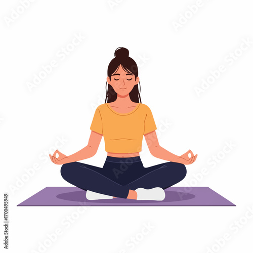 A serene woman meditates in a peaceful lotus pose on a purple yoga mat, finding inner calm.