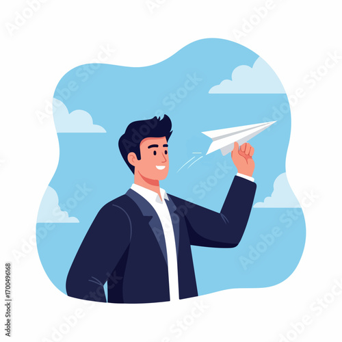 A smiling businessman launches a paper airplane against a bright blue sky, symbolizing innovation and new beginnings.